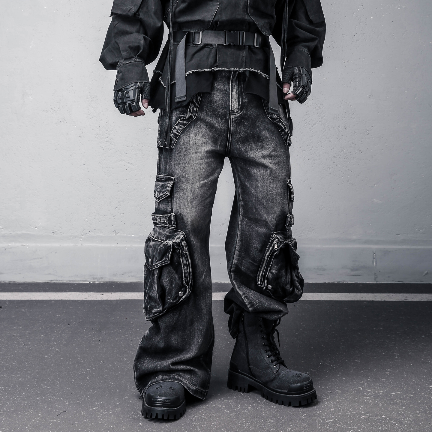 废土风重工立体多口袋朋克牛仔裤