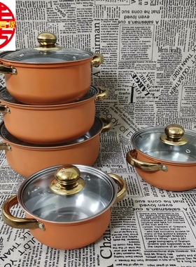 跨境外贸不锈钢汤锅10PCS套装锅金色钢柄彩色橙色汤锅5件套装锅具