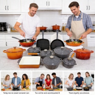 铸铁珐琅锅套组橘色珐琅锅套装厨房锅具搪瓷锅煎煮炖烤锅组合pots