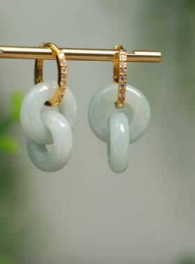 #L295白冰缅甸天然A货翡翠二连环耳环耳坠S925银耳圈耳饰