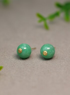 #L060 18K金镶嵌满绿天然A货翡翠素面圆珠子耳钉