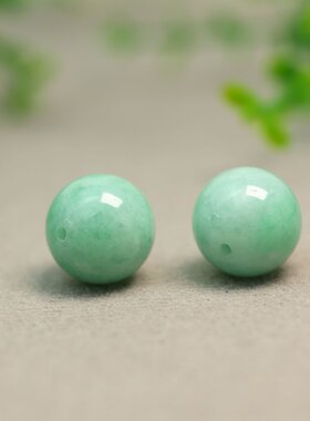 #J051一对糯种阳绿天然A货翡翠素面珠子 大圆珠佛珠顶珠念珠