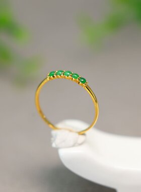 #I376 18K金镶嵌冰种满绿天然A货翡翠蛋面戒指群镶排戒女戒