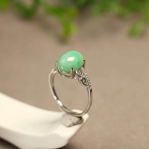 特价#H183 S925银镶嵌阳绿天然A货翡翠椭圆形蛋面活口戒指