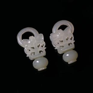 特价一对创汇期缕空雕和田白玉花蓝吊坠 镶嵌耳坠漂亮
