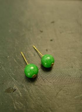 #H960 18K金镶嵌满色辣绿缅甸天然A货翡翠珠子耳钉耳饰