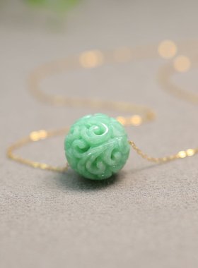 #I508 绿色天然A货翡翠镂空雕花圆珠子锁骨链吊坠