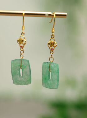 #G603 18K金镶嵌冰种飘阳绿缅甸天然A货翡翠方糖福贝耳坠耳饰