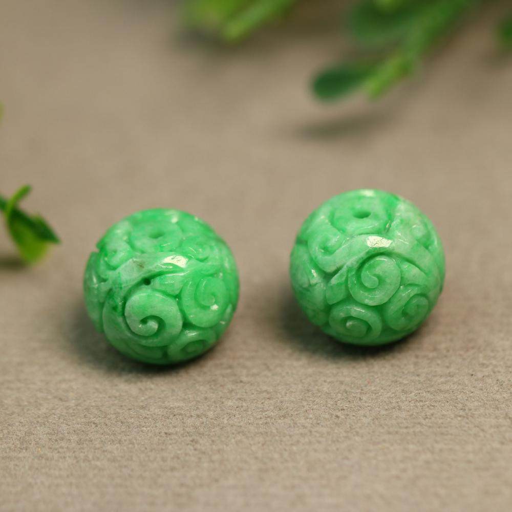 特价#d241一对满色阳绿天然a货翡翠团寿龙纹雕花珠子 佛珠顶珠