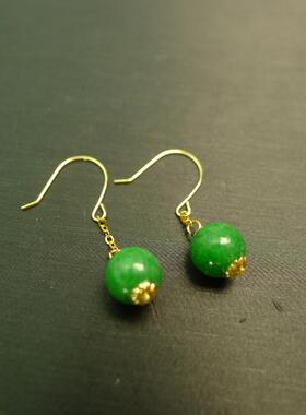 特价#D023 一对18K金镶嵌满色辣绿天然A货翡翠珠子耳坠 耳钩款