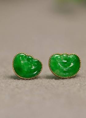 #B649一对18K金镶嵌冰种满色辣绿天然A货翡翠如意耳钉