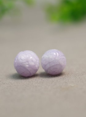 #I331一对紫色天然A货翡翠雕花珠子  团寿龙纹圆珠顶珠佛珠