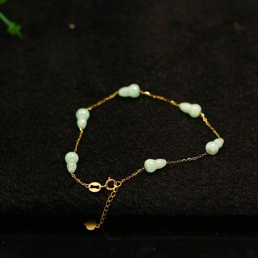 #H135一串18K金镶嵌冰种淡绿色天然A货翡翠葫芦手串手链