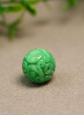 特价#D178 满色阳绿天然A货翡翠团寿雕花鼓珠珠子