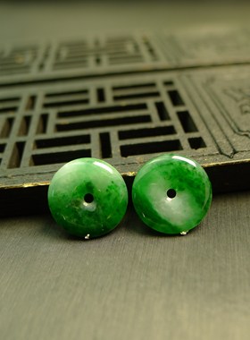 #K745一对冰糯种辣绿缅甸天然A货翡翠平安扣镶嵌耳钉裸石