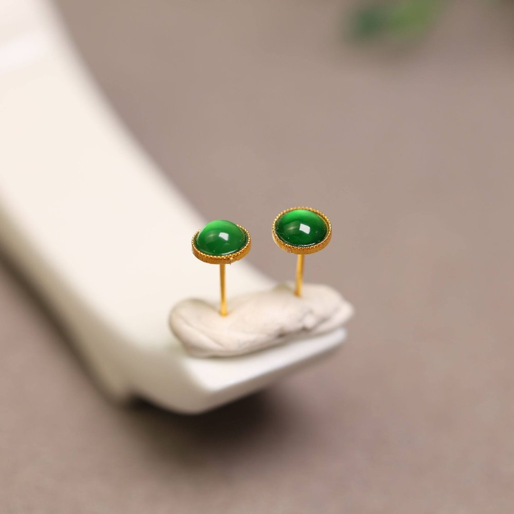 #H920 18K金镶嵌冰种满绿天然A货翡翠蛋面耳钉 圆形蛋面耳饰