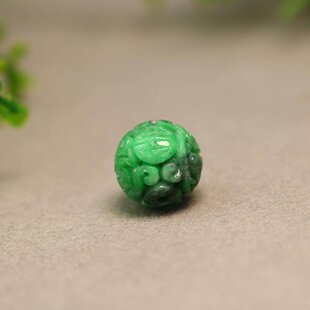 满绿天然A货老翡翠雕花珠子 14.5MM团寿龙纹圆珠 H368 特价