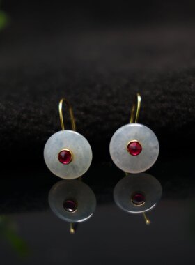 #H819 S925银搭配红宝镶嵌白冰天然A货翡翠平安扣耳环耳坠