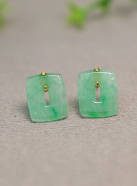 #G578冰种阳绿天然A货翡翠方糖耳钉 18K金镶嵌