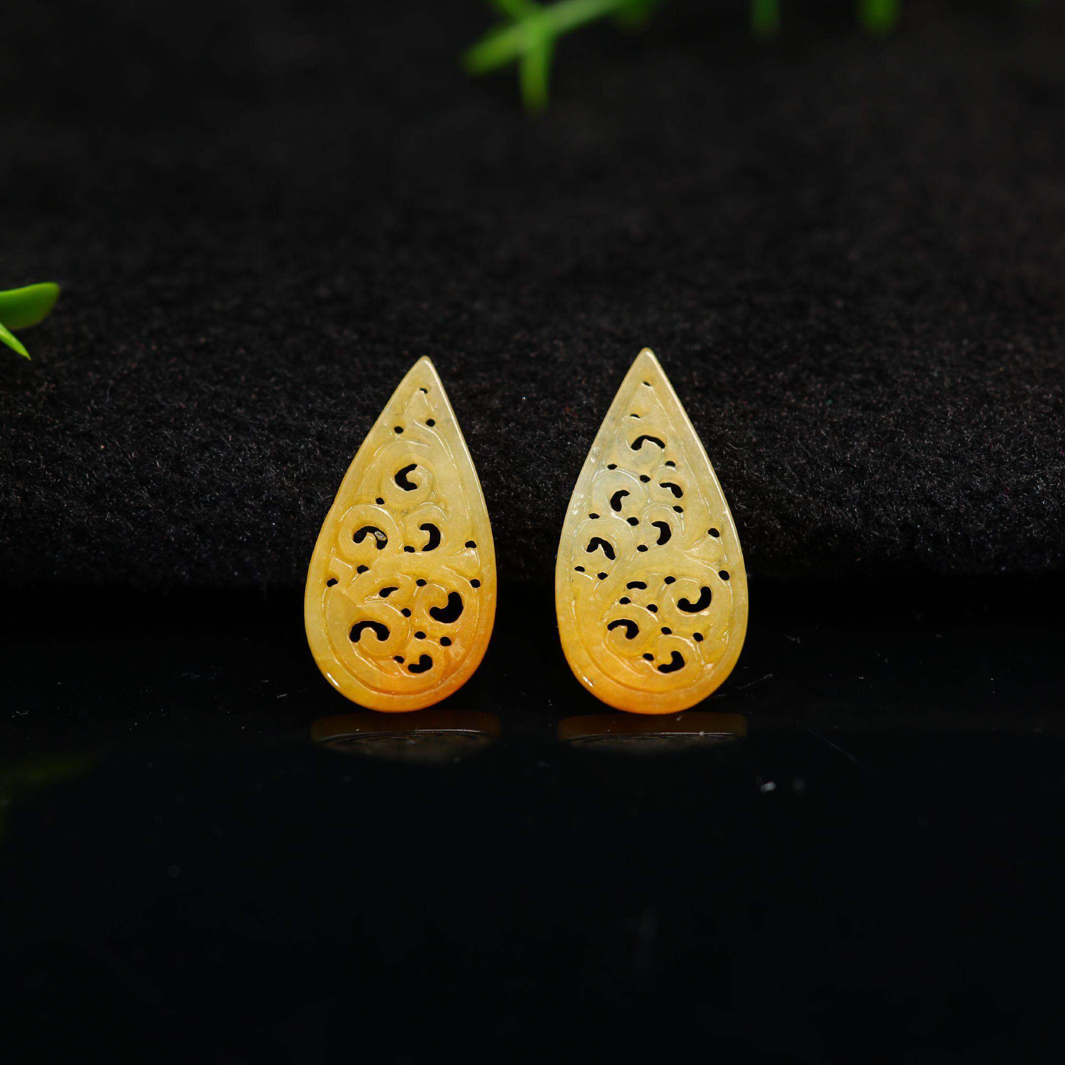 #K243一对满色缅甸天然A货黄翡翡翠镂空雕花水滴形耳坠花片裸石,珠宝/钻石/翡翠,翡翠裸石/蛋面,淘宝优惠券,粉丝福利购,淘宝优惠卷