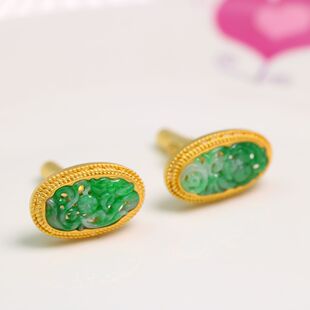 特价 0557银鎏金镶嵌阳绿翡翠缕空福在眼前雕花男女士高档衣服袖