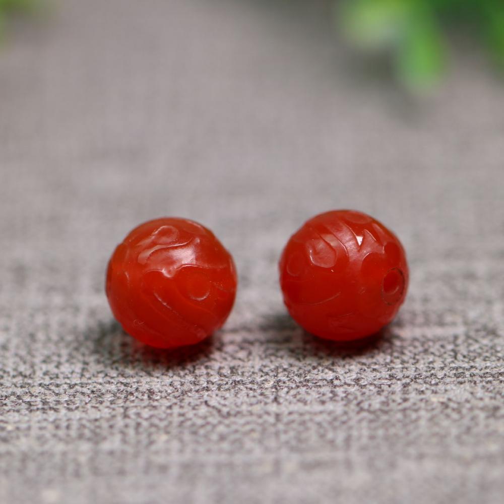 12MM红色天然老玛瑙卷龙纹圆珠子图片