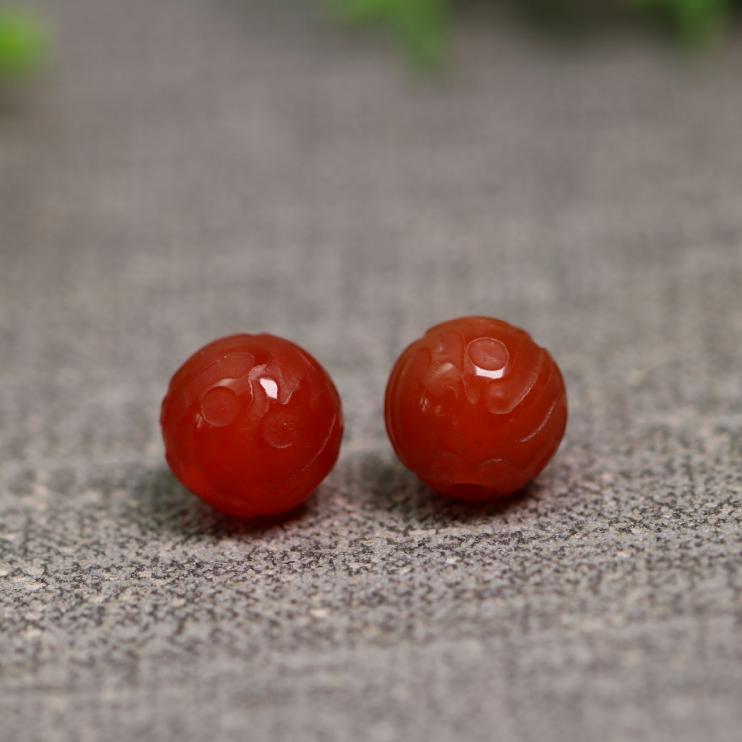 特价一对12MM红色天然老玛瑙龙纹雕花珠子图片