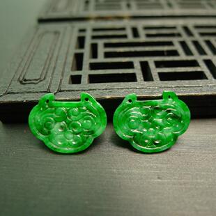 特价#7742一对满色辣绿天然A货翡翠雕花如意锁牌耳坠花片