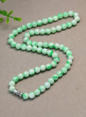 #J709白底青飘阳绿缅甸天然A货翡翠素面圆珠子锁骨项链