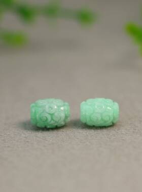 #N051一对飘阳绿缅甸天然A货翡翠雕花路路通桶珠转运珠鼓珠