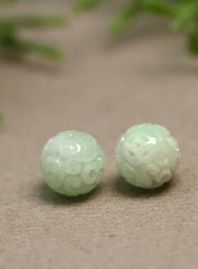 特价#C929 一对糯白底飘绿天然A货翡翠古钱币龙纹雕花圆珠子 佛珠
