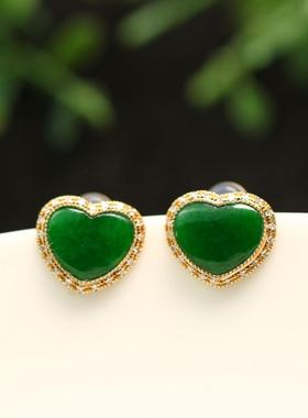 特价#D886 一对18K金加钻石镶嵌冰种满色辣绿天然A货翡翠桃心耳钉