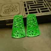 B754一对满绿缅甸天然A货翡翠古风镂空雕花扇形耳坠吊坠花片