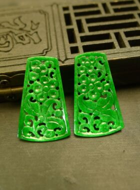 #B754一对满绿缅甸天然A货翡翠古风镂空雕花扇形耳坠吊坠花片