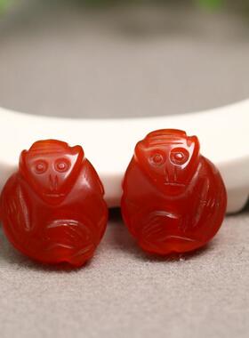 特价一对红色天然老玛瑙十二生肖灵猴猴子 通天孔