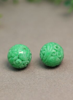 #G905一对阳绿天然A货翡翠雕花珠子 团寿龙纹圆珠顶珠佛珠