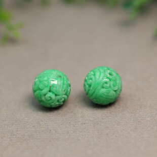 团寿龙纹圆珠顶珠佛珠 G905一对阳绿天然A货翡翠雕花珠子