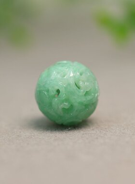 #J407满色阳绿天然A货翡翠镂空雕花珠子 梅花龙纹佛珠顶珠吊坠