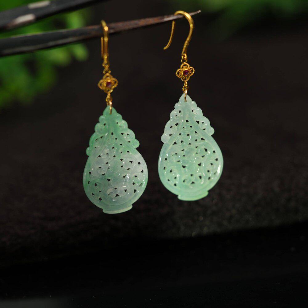 #B693 18K金镶嵌冰种晴水绿天然A货翡翠耳坠  镂空花瓶形耳饰