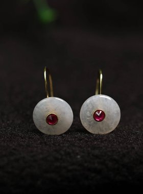 #H220白冰天然A货翡翠平安扣耳坠 S925银搭配红宝石镶嵌耳钩款