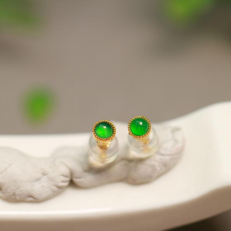 特价#8525 一对18K金镶嵌老坑冰种满绿天然A货翡翠圆形蛋面耳钉