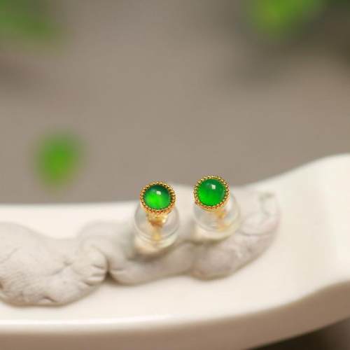 特价#8525 一对18K金镶嵌老坑冰种满绿天然A货翡翠圆形蛋面耳钉