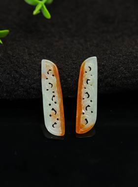 #K057一对白底飘红翡缅甸天然A货翡翠镂空随形耳坠花片裸石