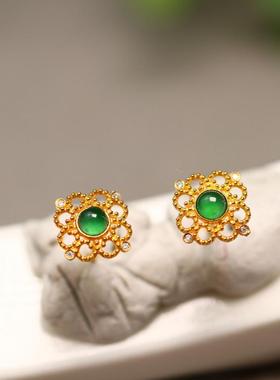 特价#8743 18K金镶嵌冰种满绿天然A货翡翠蛋面耳钉
