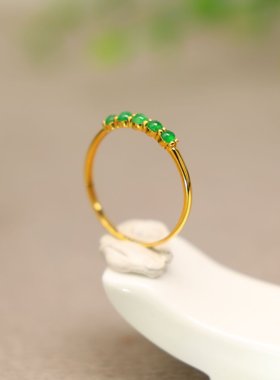 #I475 18K金镶嵌冰种满绿天然A货翡翠蛋面戒指女戒