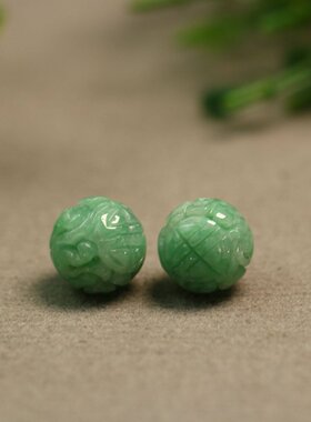 #E667一对11.5MM绿色天然A货翡翠团寿龙纹雕花圆珠子