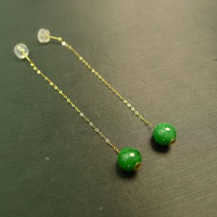 18K金线镶嵌满色辣绿天然A货翡翠珠子耳坠耳环 E272