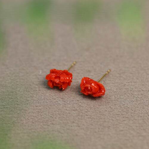 18K金天然有机红宝牡丹花耳钉