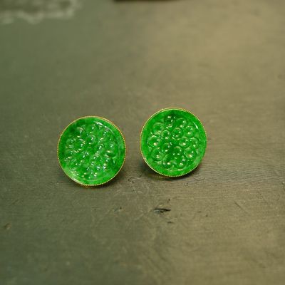 缅甸天然A货翡翠圆形雕花耳钉