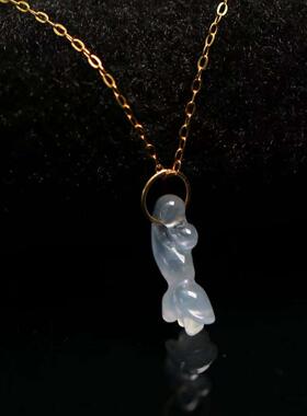 特价#4459 18K金圈镶嵌老坑白色冰种天然A货翡翠玉兰花小坠角